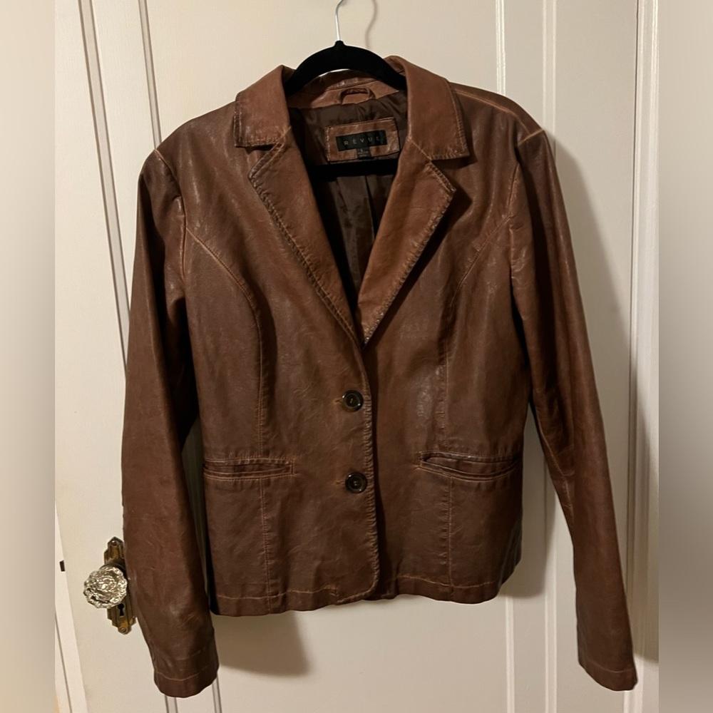 REVUE Women's Large Brown Vegan Leather Jacket.